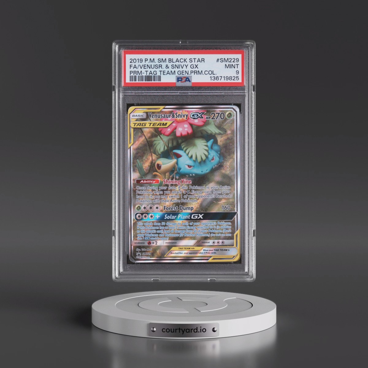2019 Pokémon SM Black Star Promo #SM229 Venusaur & Snivy GX - Holo Full Art Tag Team Generations Premium Collection (PSA 9 MINT)