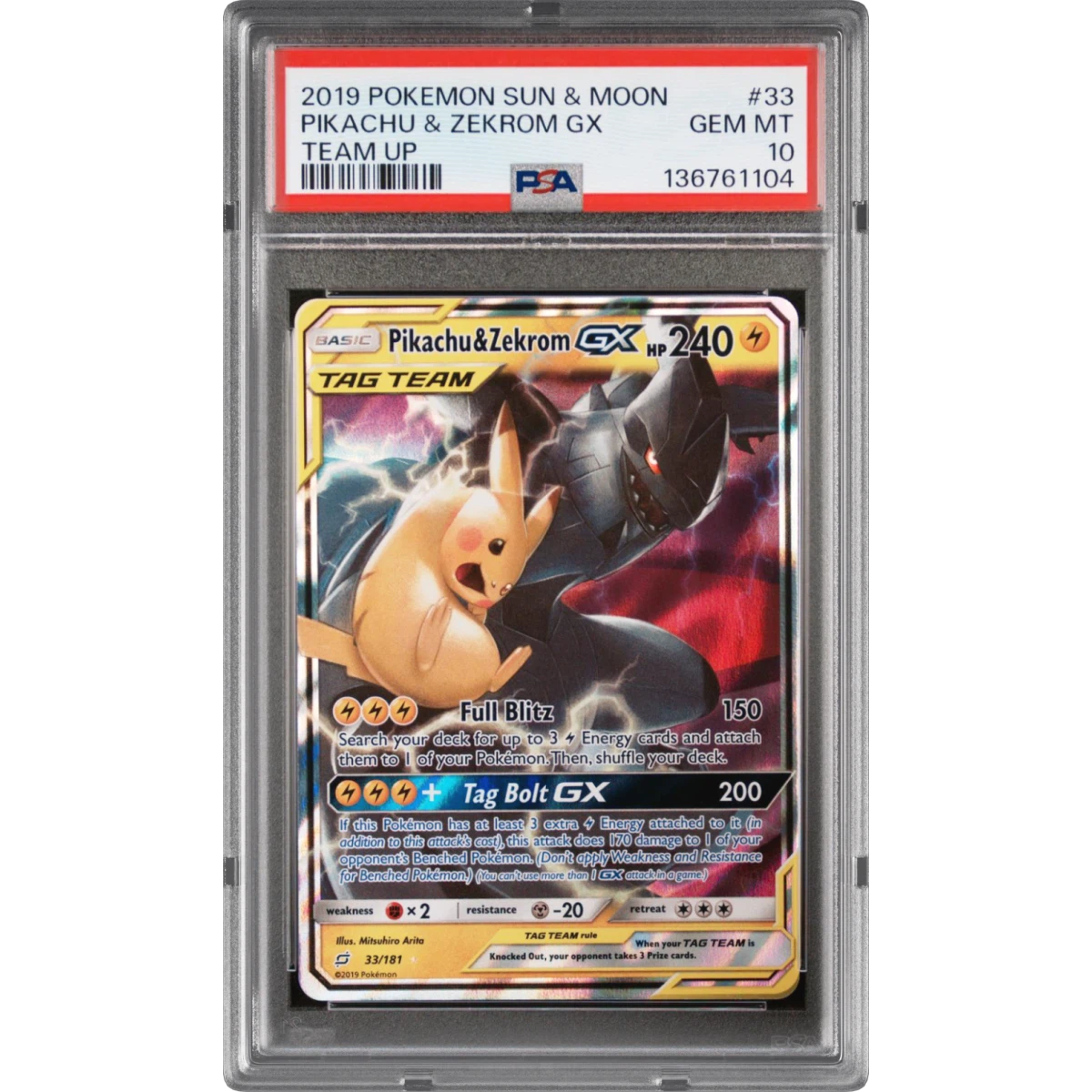 2019 Pokémon Sun & Moon Team Up #33 Pikachu & Zekrom GX - Holo (PSA 10 GEM MINT)