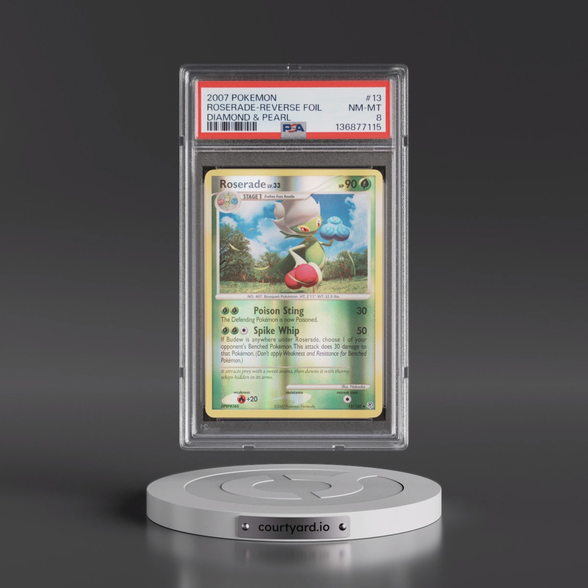 2007 Pokémon Diamond & Pearl #13 Roserade - Reverse Foil (PSA 8 NM-MT)