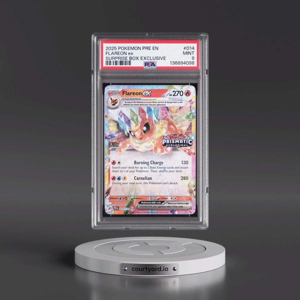 2025 Pokémon Pre EN-Prismatic Evolutions #014 Flareon EX - Holo Surprise Box Exclusive (PSA 9 MINT)