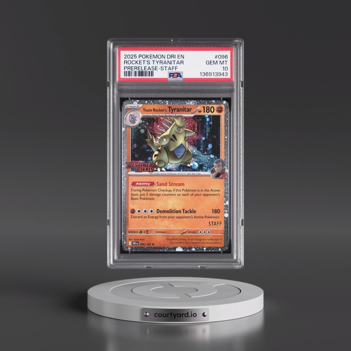 2025 Pokémon Dri EN-Destined Rivals #096 Team Rocket's Tyranitar - Prerelease-Staff (PSA 10 GEM MINT)