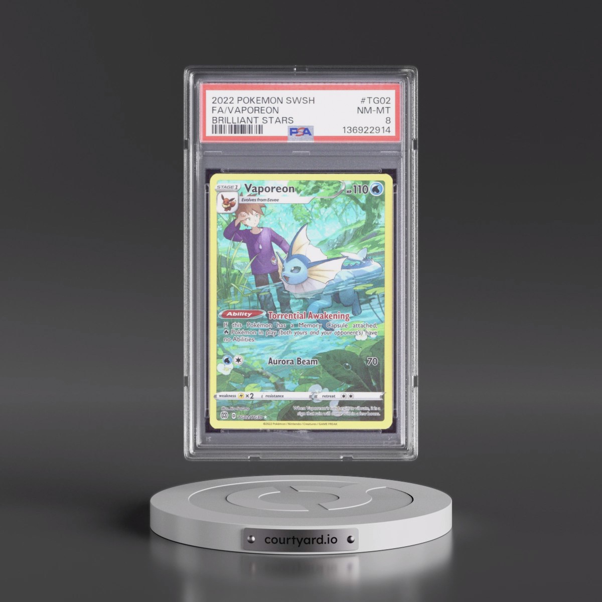 2022 Pokémon Sword & Shield Brilliant Stars #TG02 Vaporeon - Full Art (PSA 8 NM-MT)