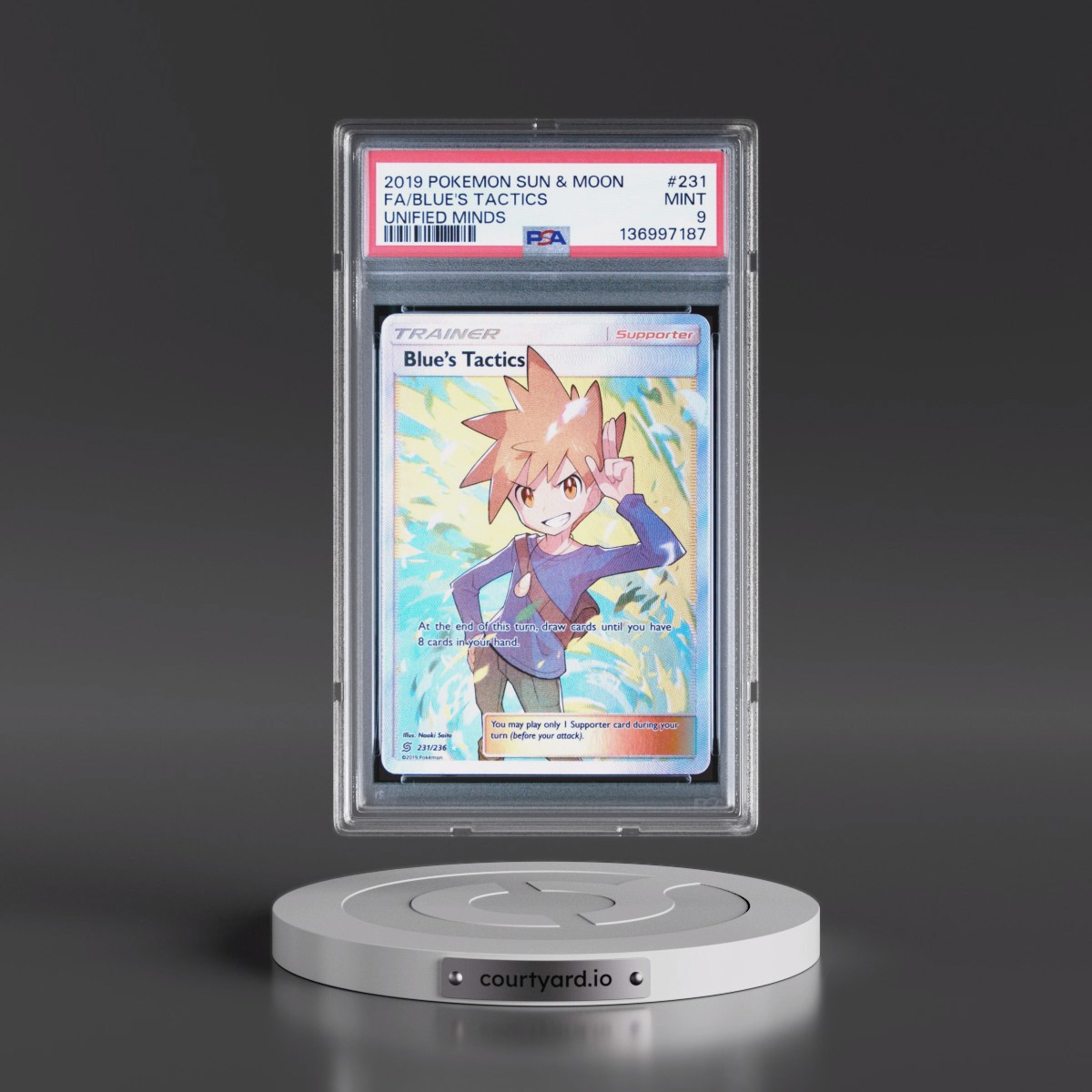 2019 Pokémon Sun & Moon Unified Minds #231 Blue's Tactics - Full Art (PSA 9 MINT)