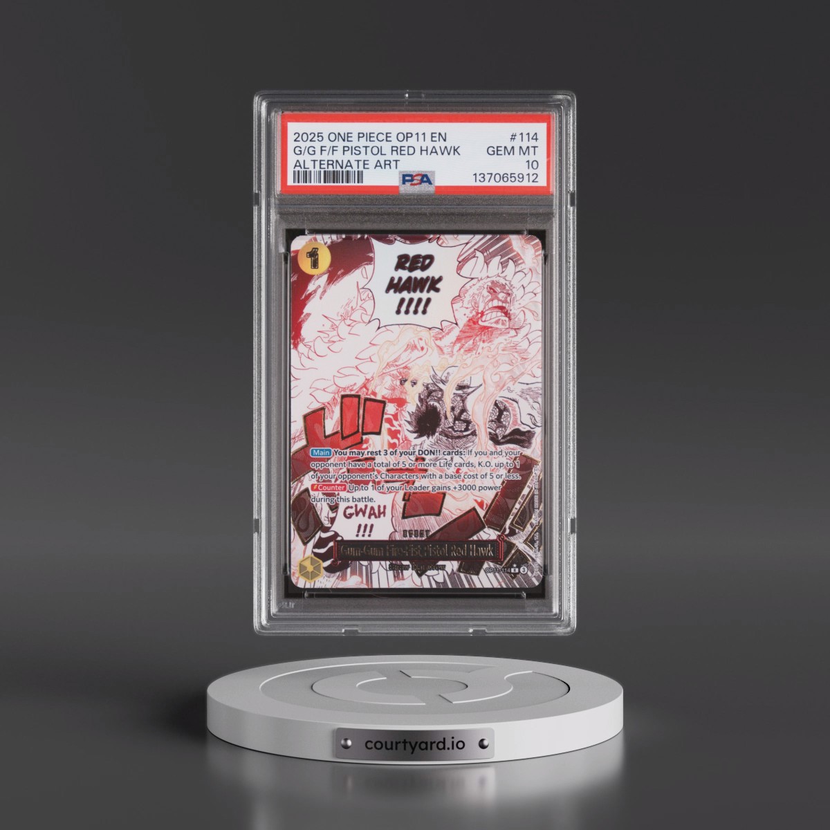 2025 One Piece OP11-A Fist of Divine Speed Gum-Gum Fire-Fist Pistol Red Hawk - Alternate Art #114 PSA 10