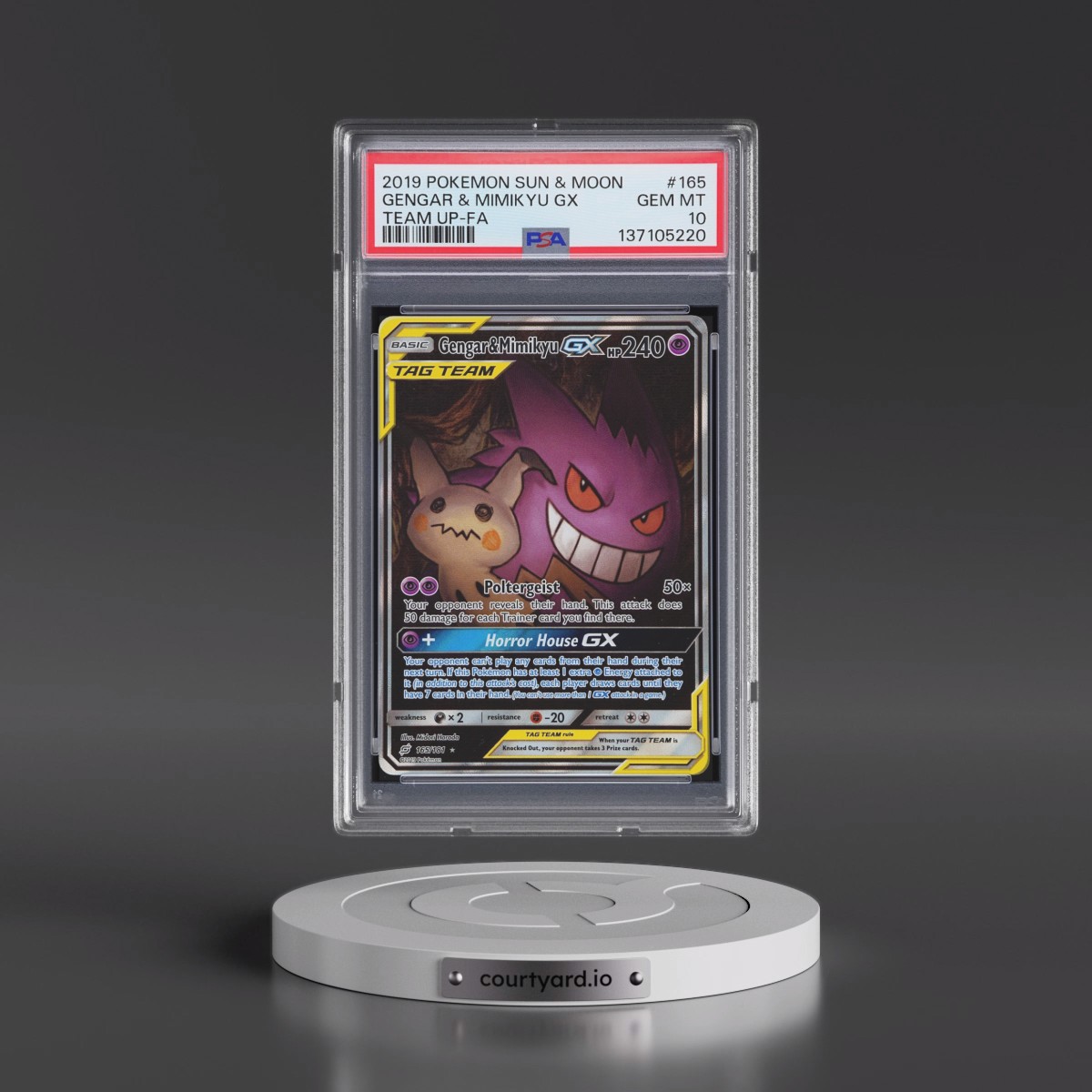 2019 Pokémon Sun & Moon Team Up #165 Gengar & Mimikyu GX - Holo Full Art (PSA 10 GEM MINT)