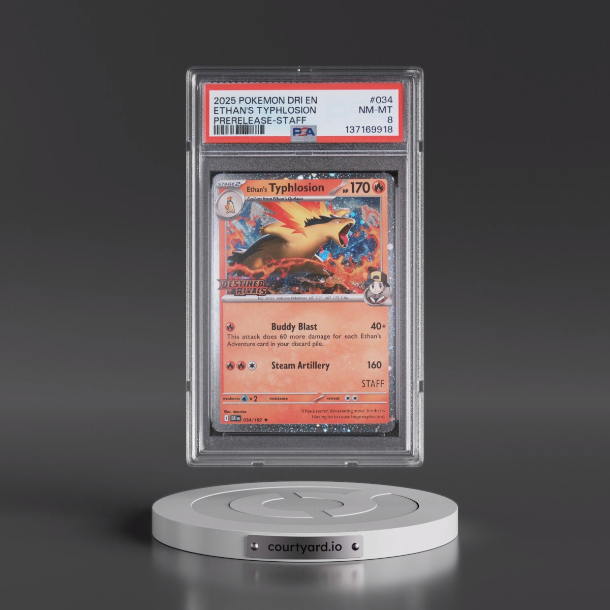 2025 Pokémon Dri EN-Destined Rivals #034 Ethan's Typhlosion - Prerelease-Staff (PSA 8 NM-MT)
