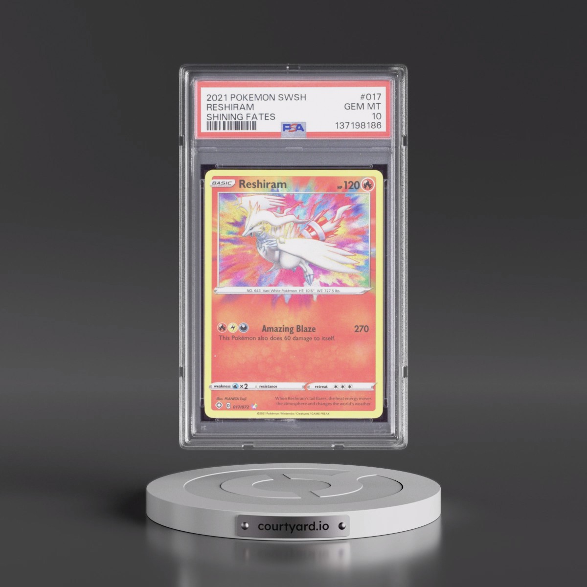 2021 Pokémon Sword & Shield Shining Fates #017 Reshiram (PSA 10 GEM MINT)