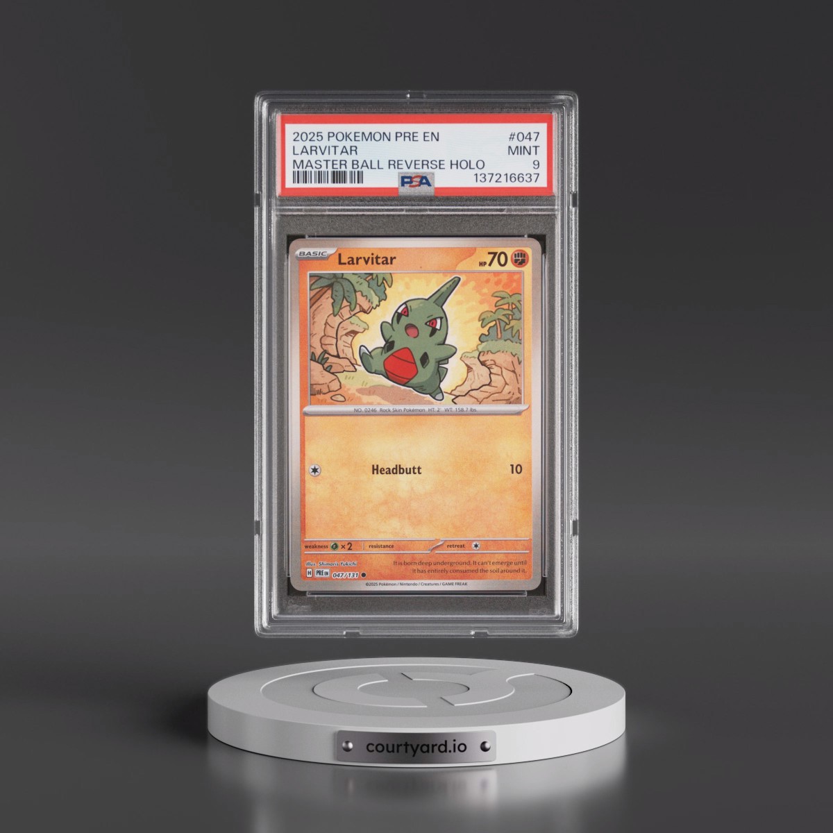 2025 Pokémon Pre EN-Prismatic Evolutions #047 Larvitar - Reverse Holo Master Ball (PSA 9 MINT)