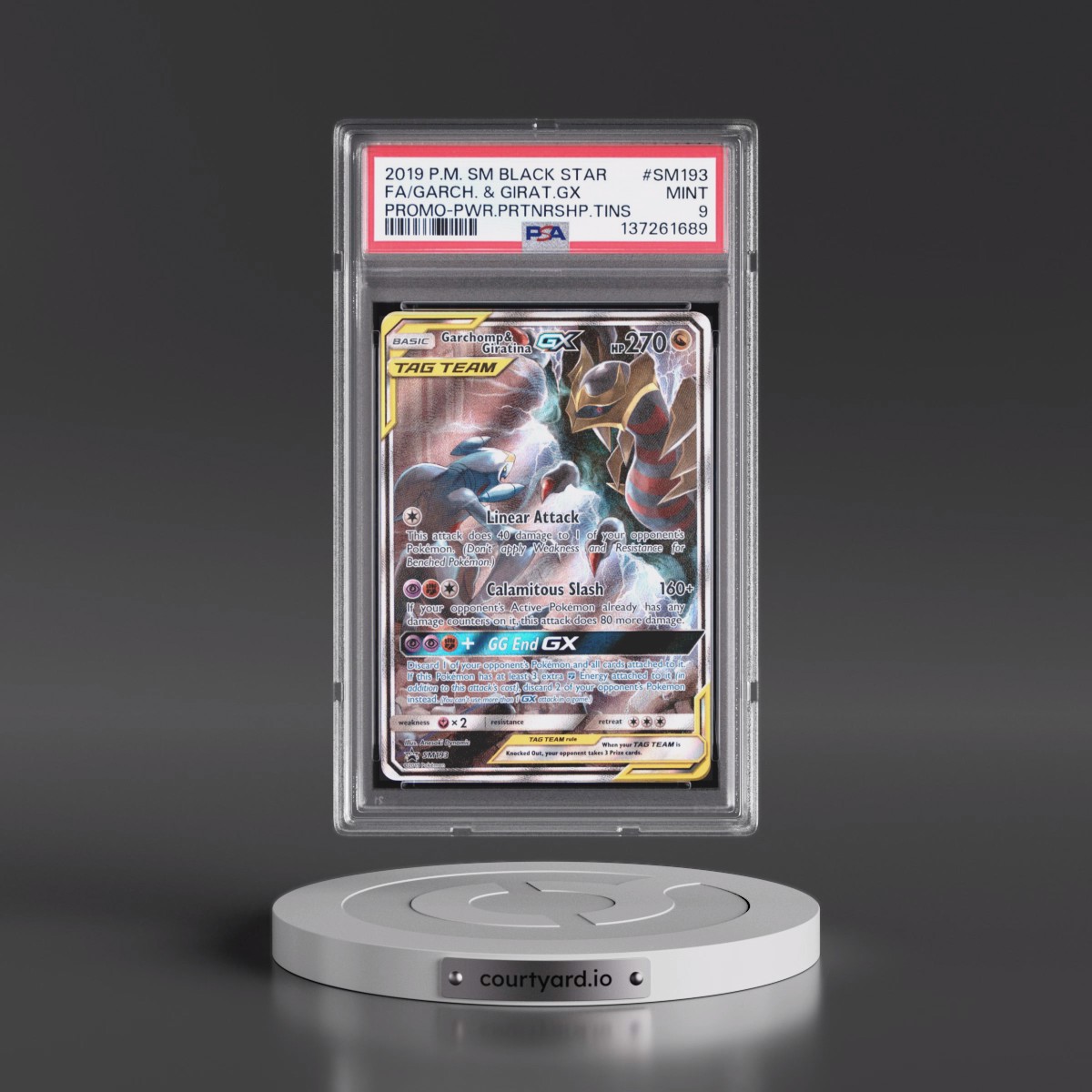 2019 Pokémon SM Black Star Promo #SM193 Garchomp & Giratina GX - Holo Full Art Power Partnership Tins (PSA 9 MINT)