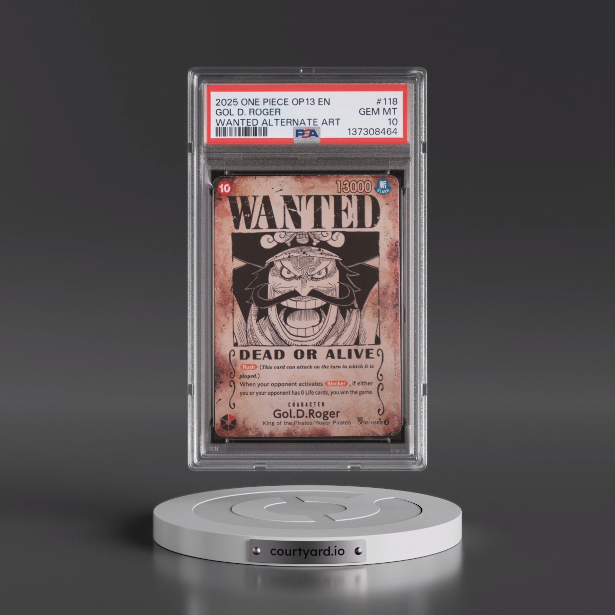 2025 One Piece OP13-Carrying on His Will #118 Gol D. Roger - Wanted Alternate Art (PSA 10 GEM MINT)