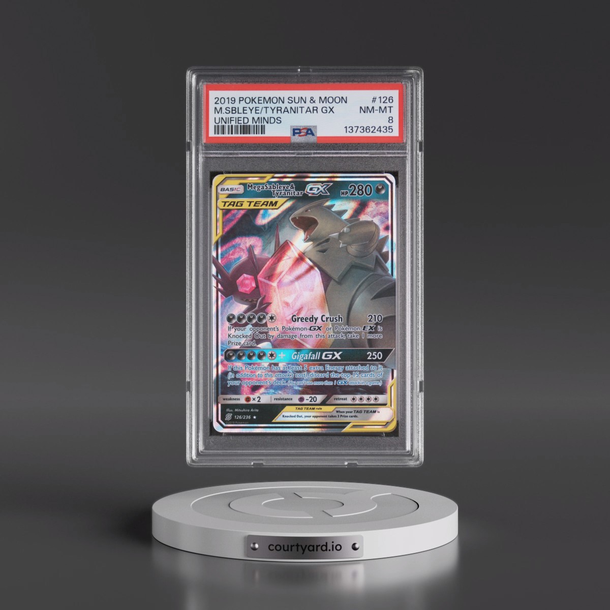 2019 Pokémon Sun & Moon Unified Minds #126 Mega Sableye & Tyranitar GX - Holo (PSA 8 NM-MT)