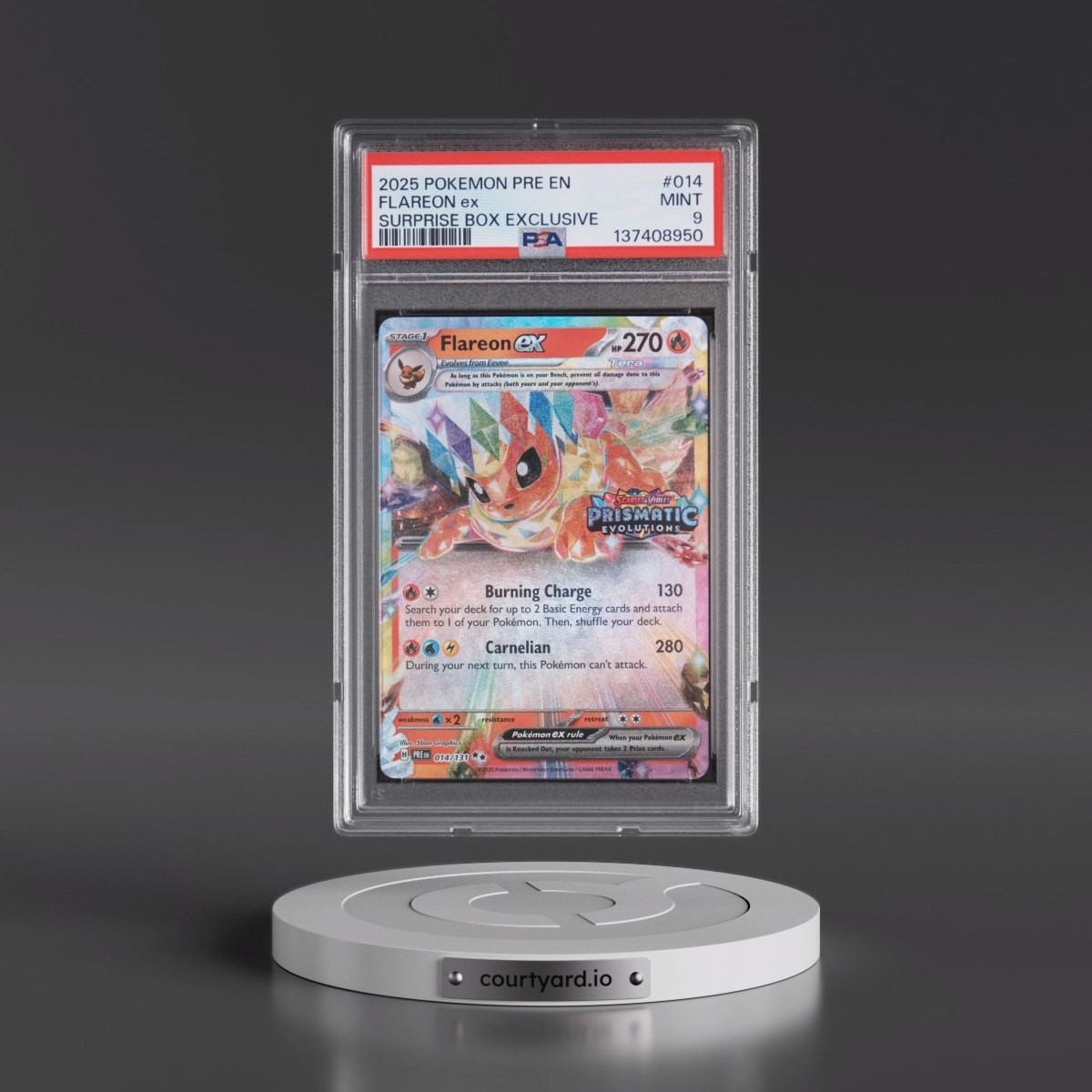 2025 Pokémon Pre EN-Prismatic Evolutions #014 Flareon EX - Holo Surprise Box Exclusive (PSA 9 MINT)