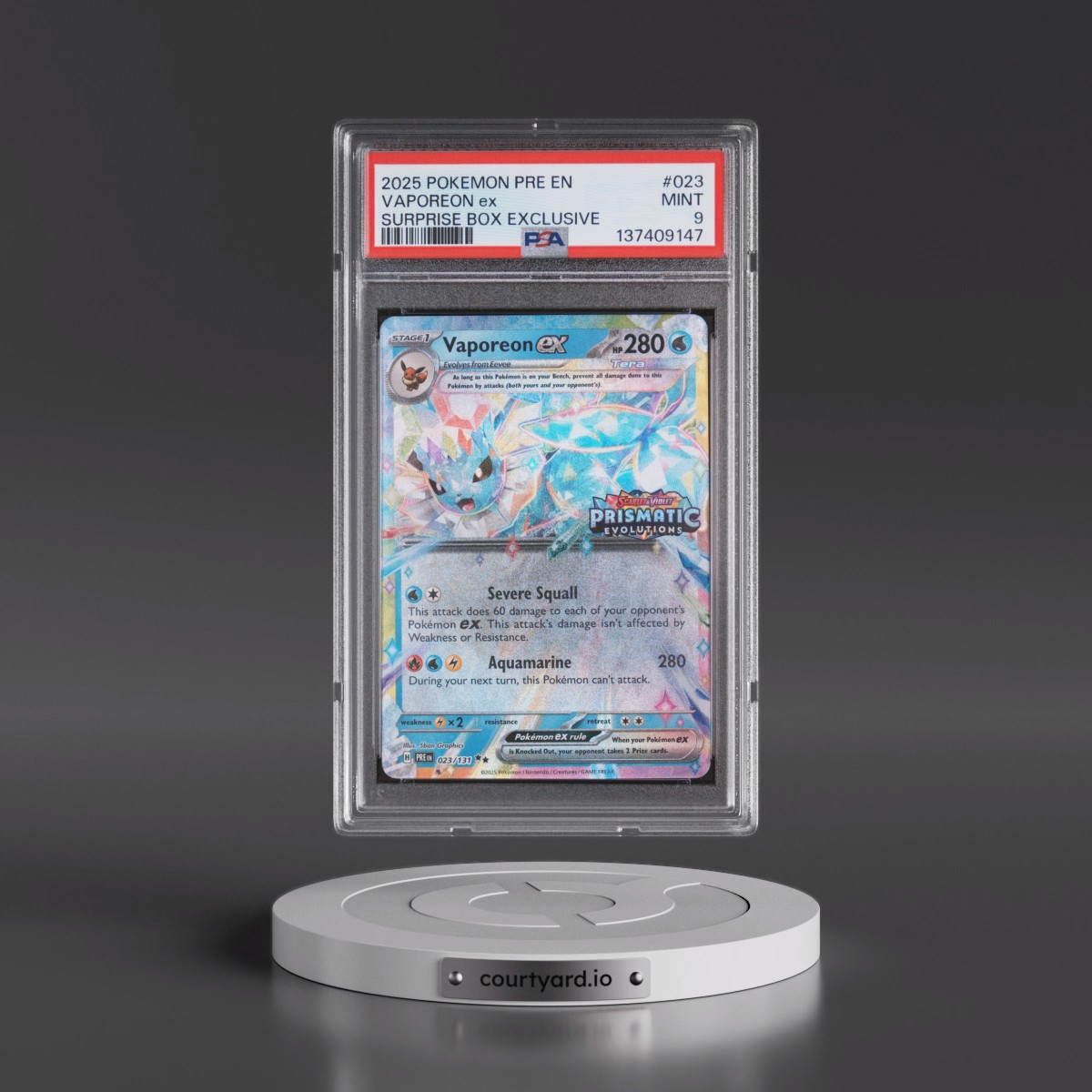 2025 Pokémon Pre EN-Prismatic Evolutions #023 Vaporeon EX - Holo Surprise Box Exclusive (PSA 9 MINT)