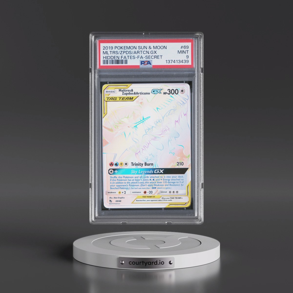 2019 Pokémon Sun & Moon Hidden Fates #69 Moltres & Zapdos & Articuno GX - Holo Full Art Secret (PSA 9 MINT)