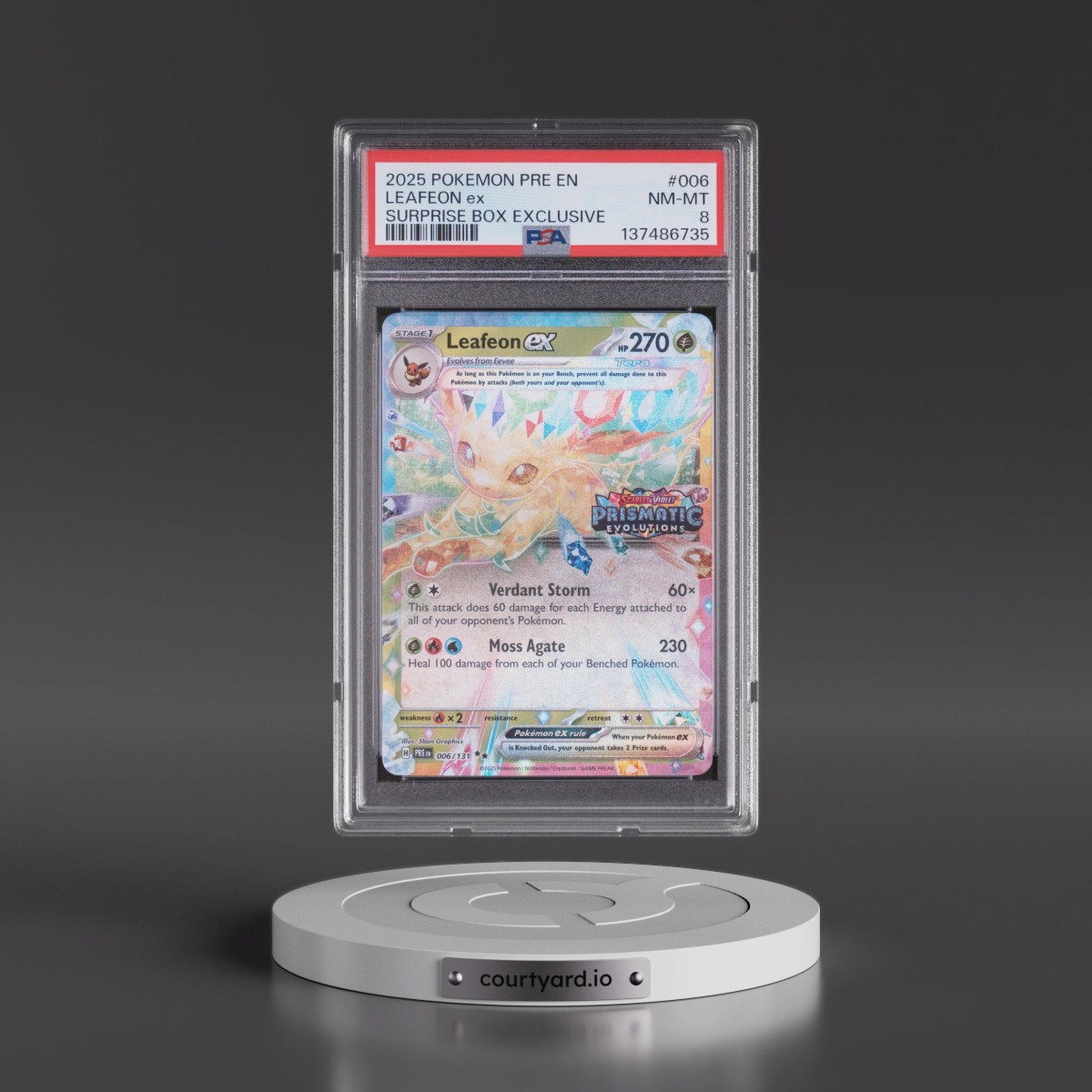 2025 Pokémon Pre EN-Prismatic Evolutions #006 Leafeon EX - Holo Surprise Box Exclusive (PSA 8 NM-MT)
