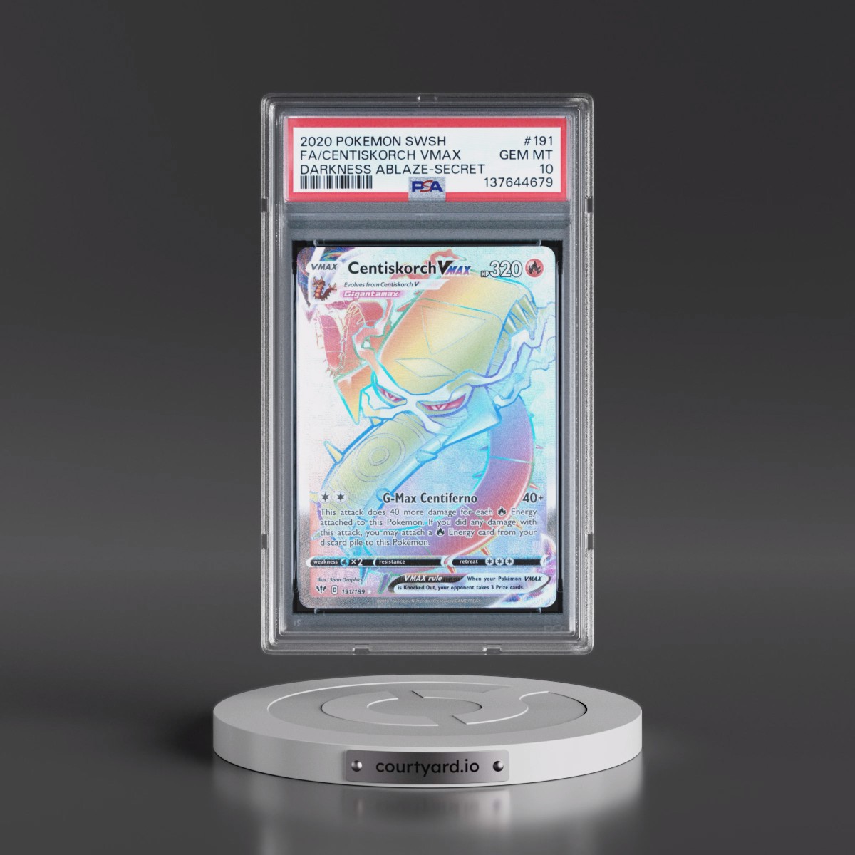 2020 Pokémon Sword & Shield Darkness Ablaze #191 Centiskorch Vmax - Full Art Secret (PSA 10 GEM MINT)