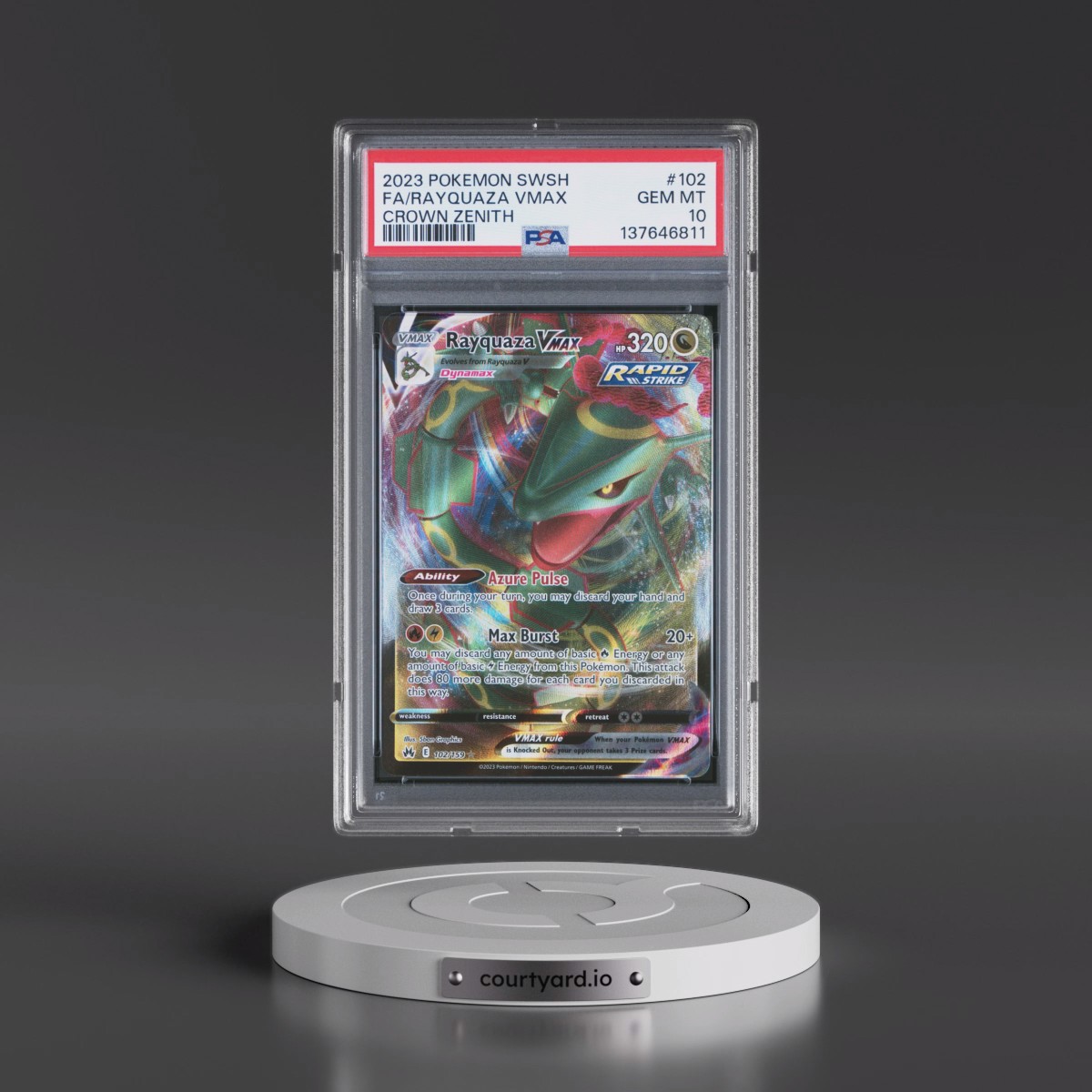 2023 Pokémon Sword and Shield Crown Zenith #102 Rayquaza Vmax - Full Art (PSA 10 GEM MINT)