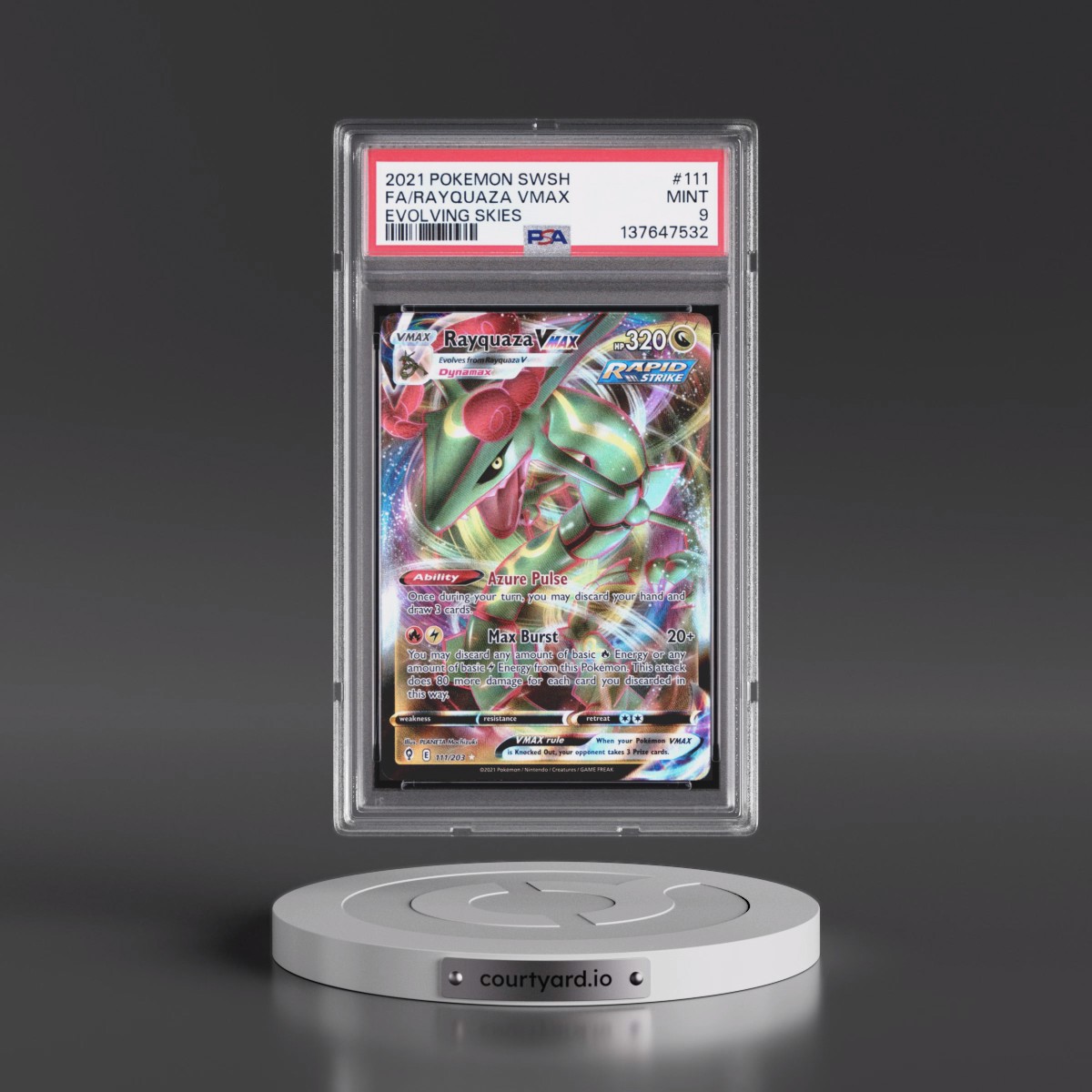 2021 Pokémon Sword & Shield Evolving Skies #111 Rayquaza Vmax - Full Art (PSA 9 MINT)