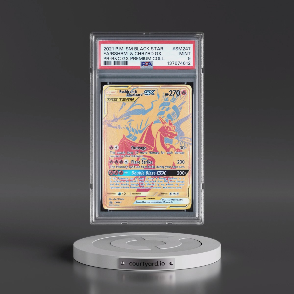 2021 Pokémon SM Black Star Promo #SM247 Reshiram & Charizard GX - Holo Full Art Reshiram & Charizard GX Premium Collection (PSA 9 MINT)