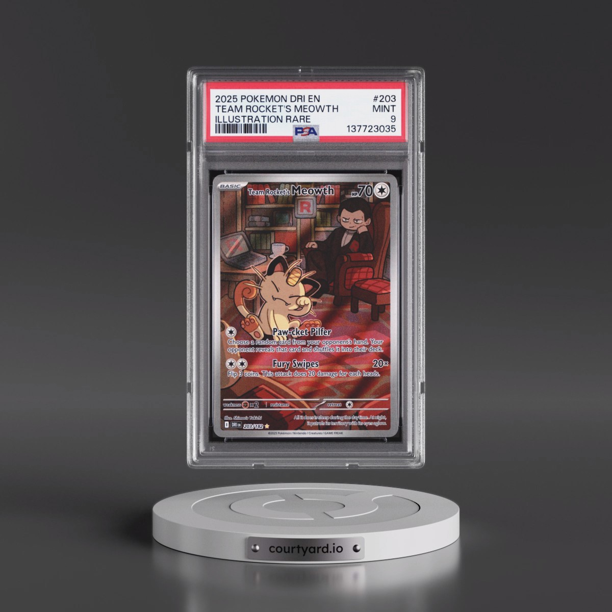 2025 Pokémon Dri EN-Destined Rivals #203 Team Rocket's Meowth - Illustration Rare (PSA 9 MINT)