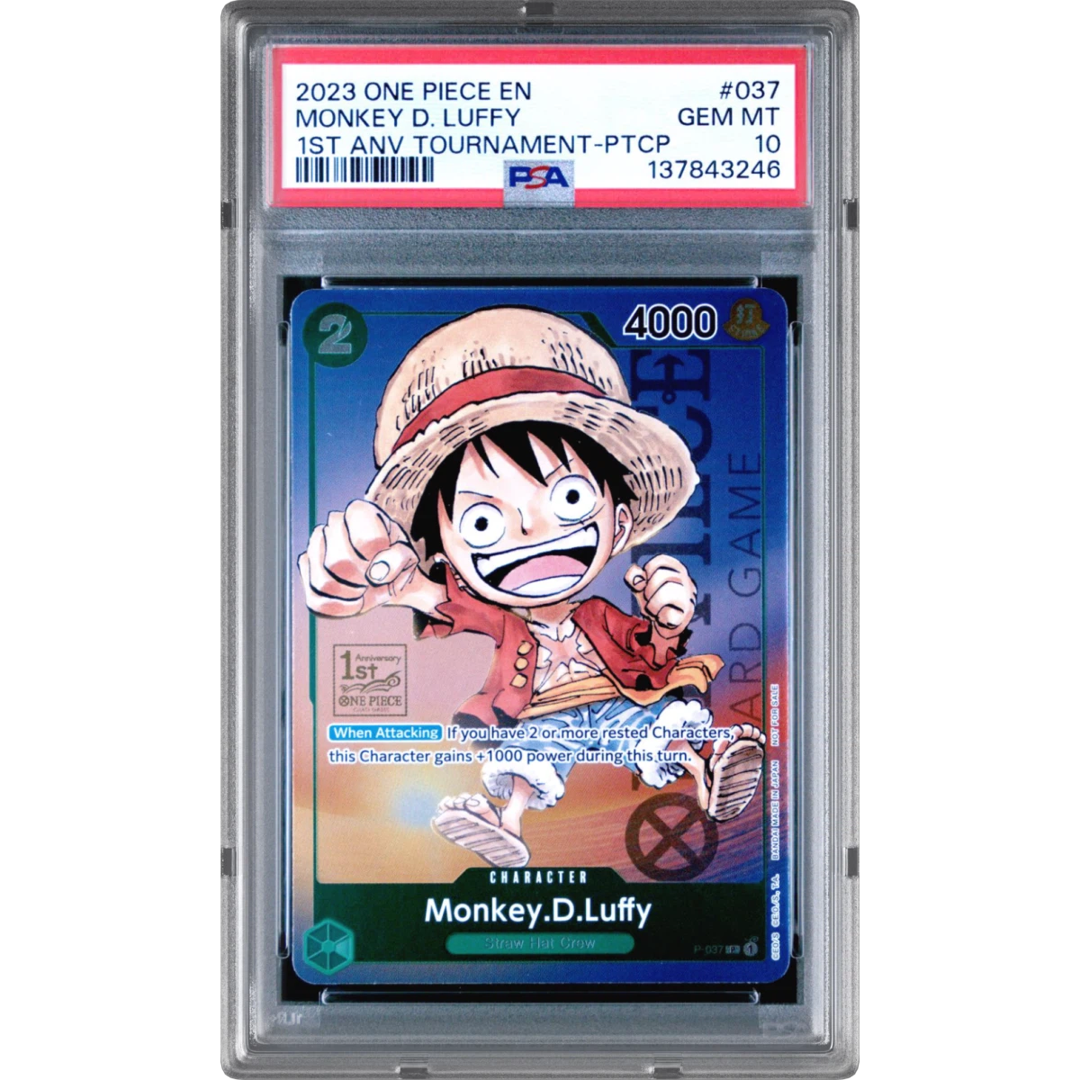 2023 One Piece Promos #037 Monkey D. Luffy - 1st Anniversary Tournament-Participation (PSA 10 GEM MINT)