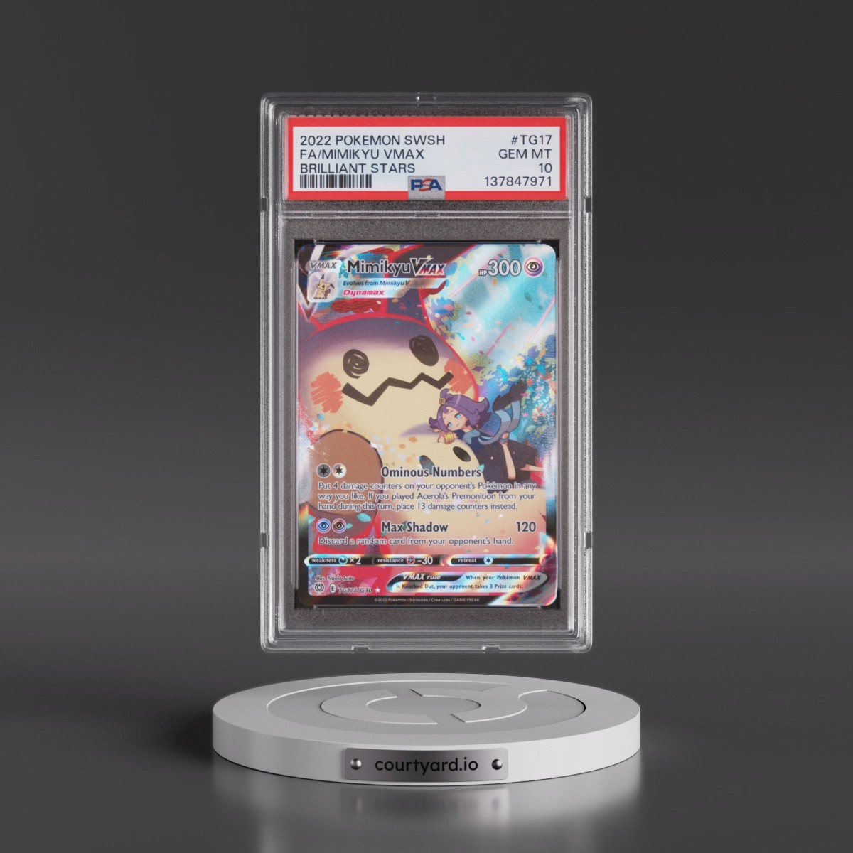 2022 Pokémon Sword & Shield Brilliant Stars #TG17 Mimikyu Vmax - Full Art (PSA 10 GEM MINT)