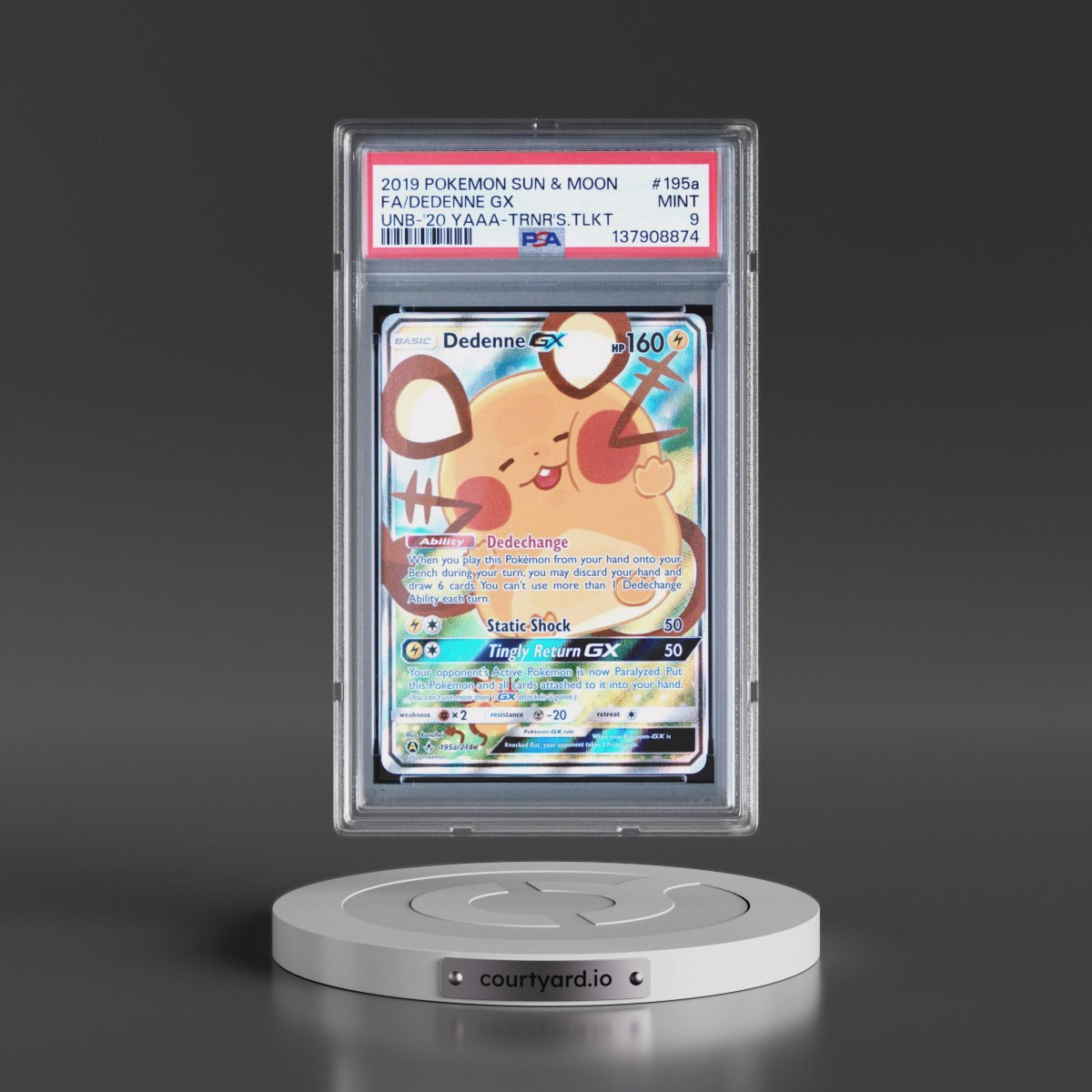 2019 Pokémon Sun & Moon Unbroken Bonds #195a Dedenne GX - Holo Full Art 2020 Yellow A Alternate Art Trainer's Toolkit (PSA 9 MINT)