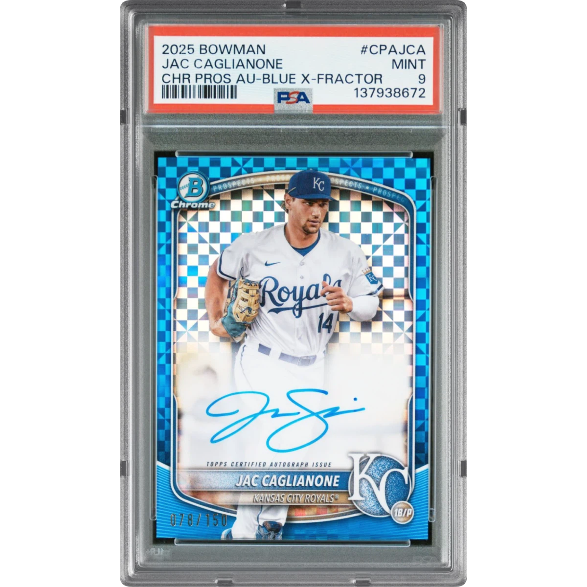 2025 Bowman Chrome Prospect Autographs #CPAJCA Jac Caglianone - Blue X-Fractor (PSA 9 MINT)