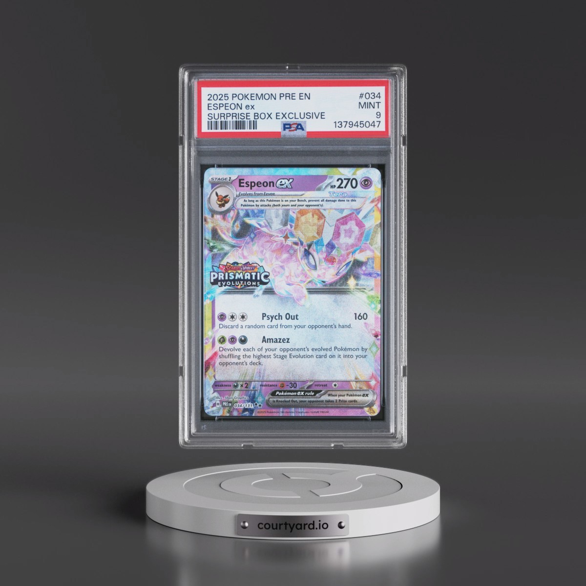 2025 Pokémon Pre EN-Prismatic Evolutions #034 Espeon EX - Holo Surprise Box Exclusive (PSA 9 MINT)