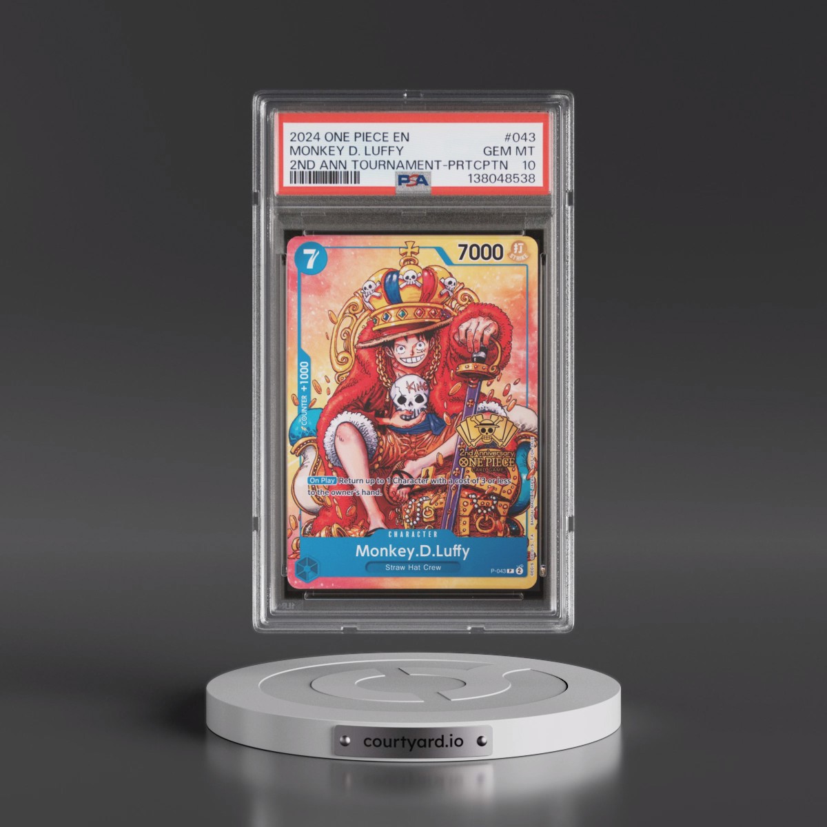 2024 One Piece Promos #043 Monkey D. Luffy - 2nd Anniversary Tournament-Participation (PSA 10 GEM MINT)