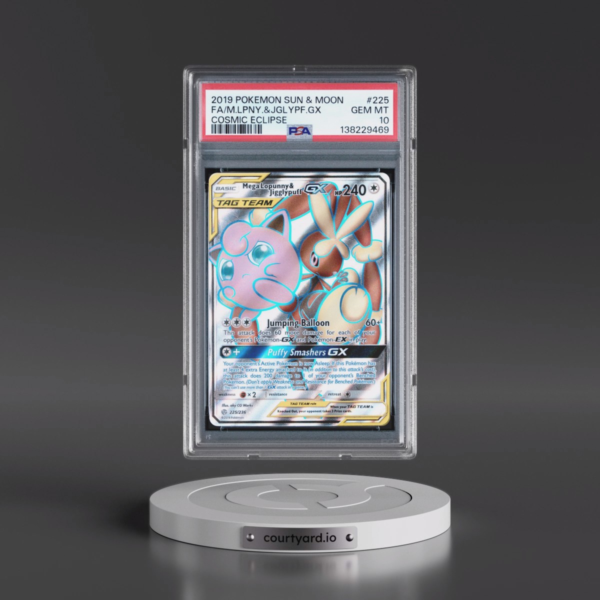 2019 Pokémon Sun & Moon Cosmic Eclipse #225 Mega Lopunny & Jigglypuff GX - Holo Full Art (PSA 10 GEM MINT)