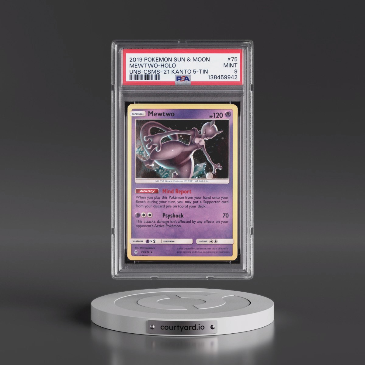 2019 Pokémon Sun & Moon Unbroken Bonds #75 Mewtwo - Holo Cosmos-2021 Kanto 5-Tin Exclusive (PSA 9 MINT)