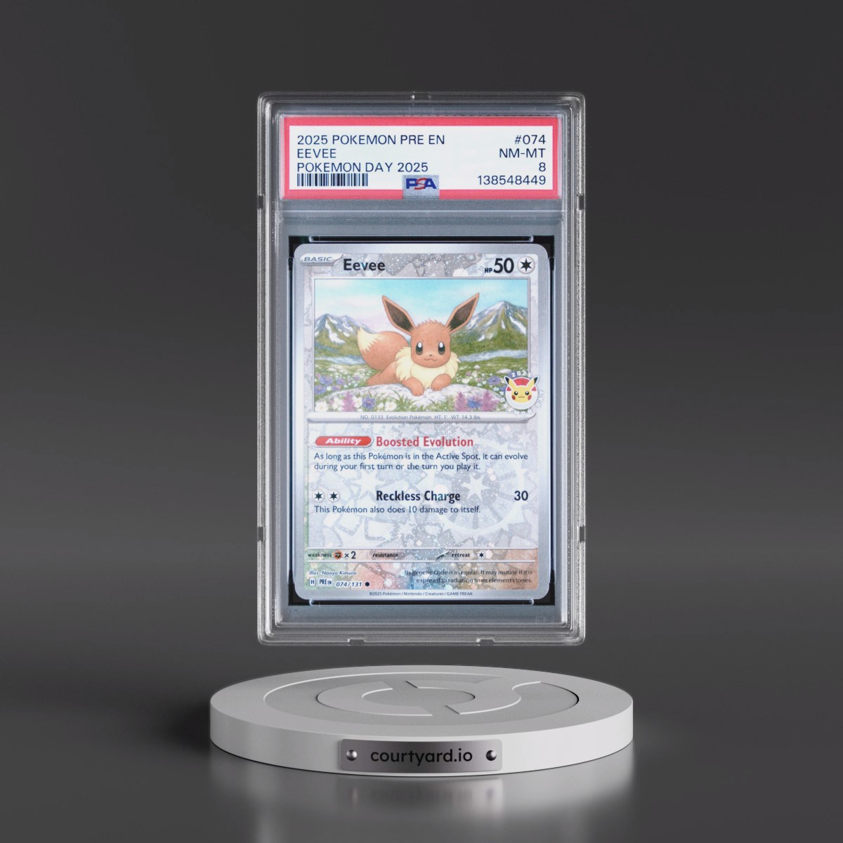 2025 Pokémon Pre EN-Prismatic Evolutions #074 Eevee - Pokemon Day 2025 (PSA 8 NM-MT)