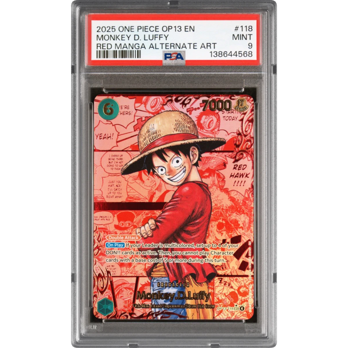 2025 One Piece OP13-Carrying on His Will #118 Monkey D. Luffy - Red Manga Alternate Art, PSA 9