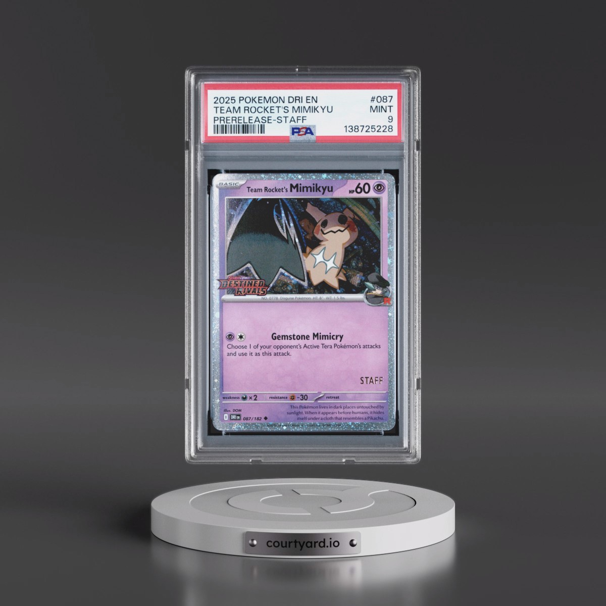 2025 Pokémon Dri EN-Destined Rivals #087 Team Rocket's Mimikyu - Prerelease-Staff (PSA 9 MINT)