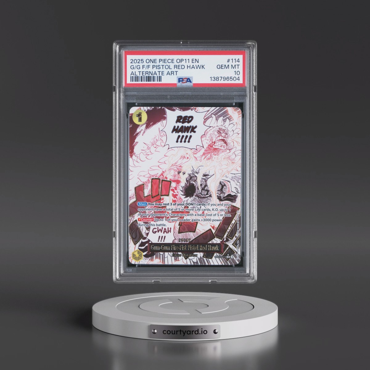 2025 One Piece OP11-A Fist of Divine Speed #114 Gum-Gum Fire-Fist Pistol Red Hawk - Alternate Art (PSA 10 GEM MINT)