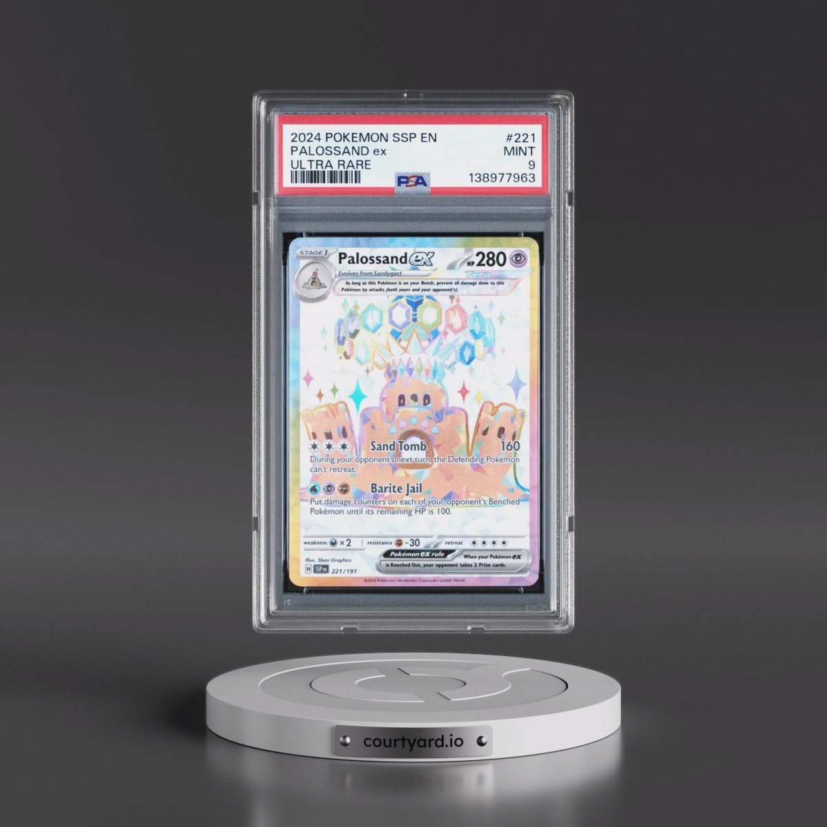 2024 Pokémon Ssp EN-Surging Sparks #221 Palossand EX - Holo Ultra Rare (PSA 9 MINT)