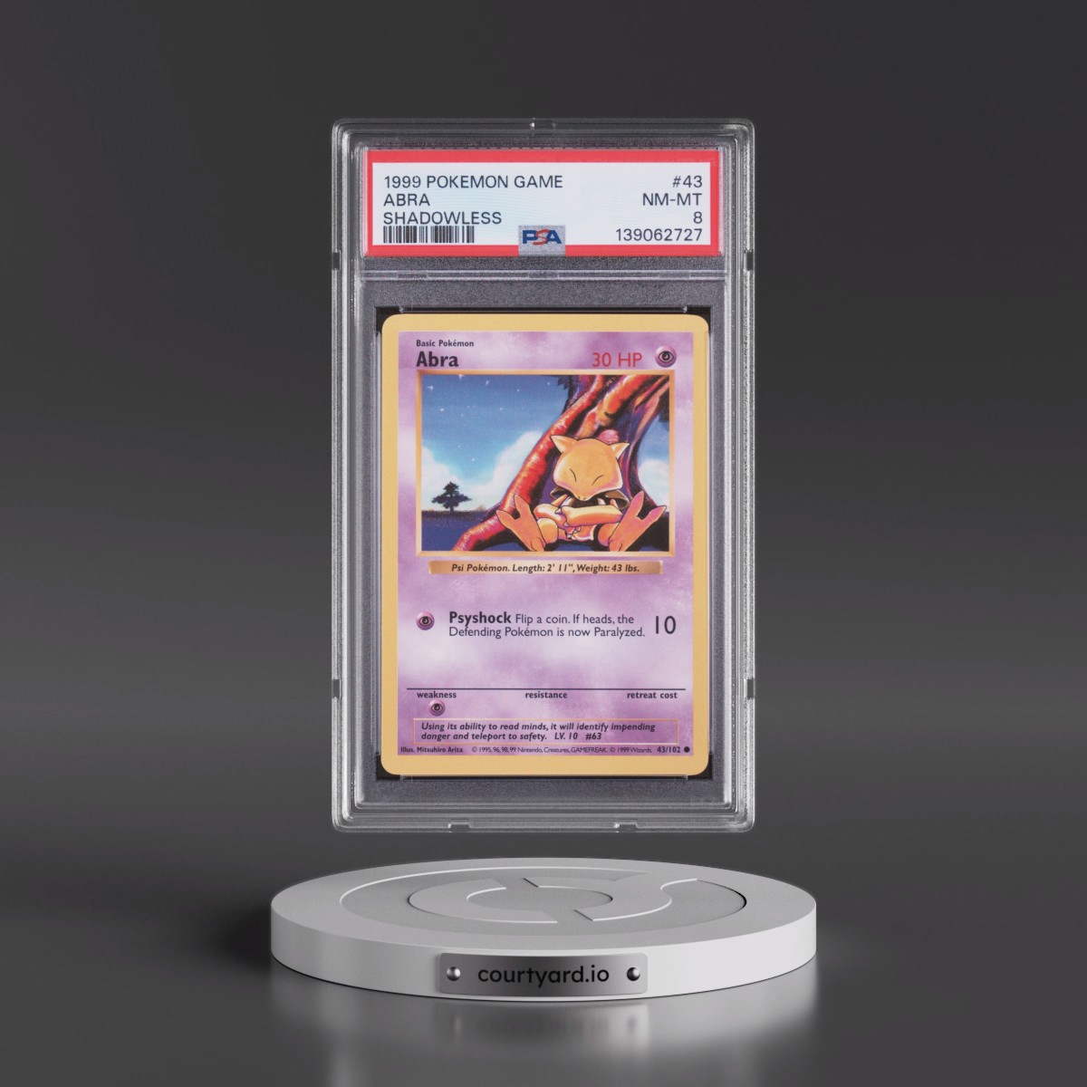 1999 Pokémon Game #43 Abra - Shadowless (PSA 8 NM-MT)