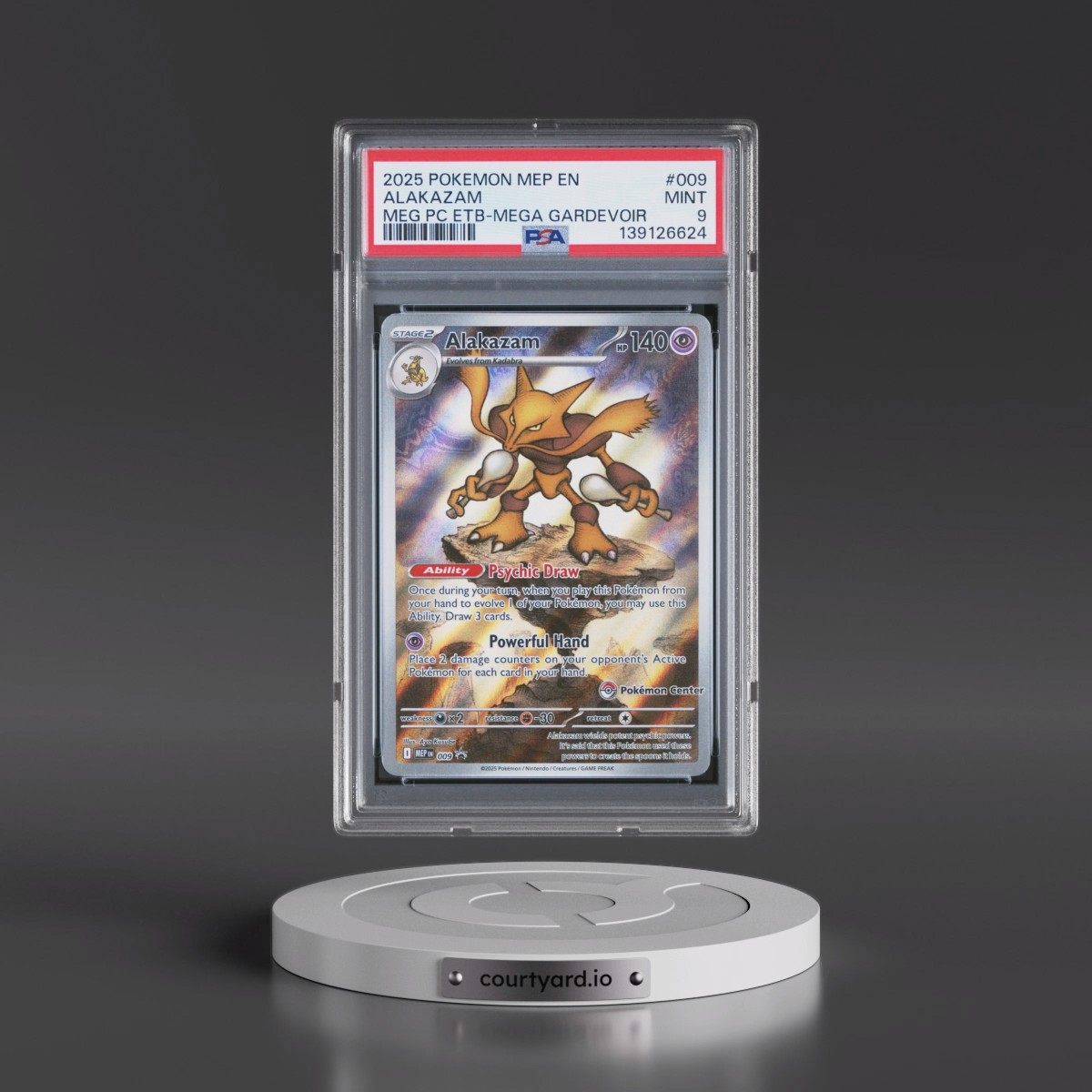 2025 Pokémon Mep EN-Me Black Star Promo #009 Alakazam - Mega Evolution Pokemon Center Elite Trainer Box-Mega Gardevoir (PSA 9 MINT)