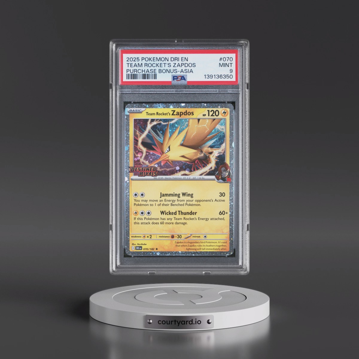 2025 Pokémon Dri EN-Destined Rivals #070 Team Rocket's Zapdos - Purchase Bonus-Asia (PSA 9 MINT)