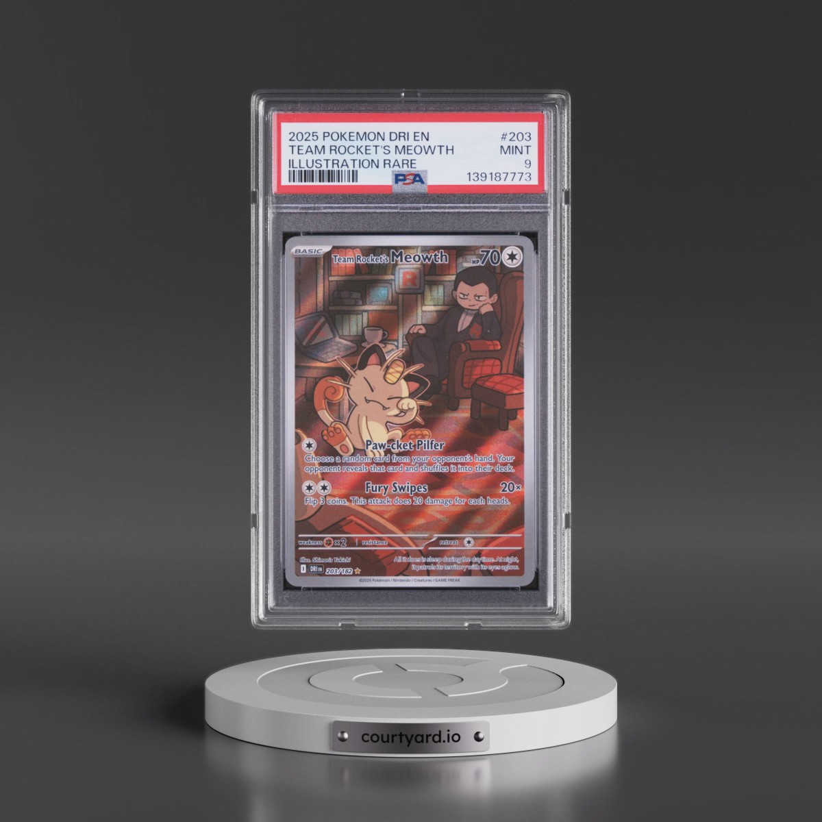 2025 Pokémon Dri EN-Destined Rivals #203 Team Rocket's Meowth - Illustration Rare (PSA 9 MINT)