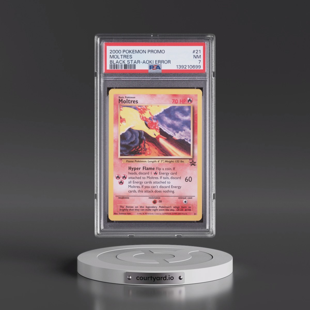 2000 Pokémon Promo Black Star #21 Moltres - Toshinao Aoki Error (PSA 7 NM)