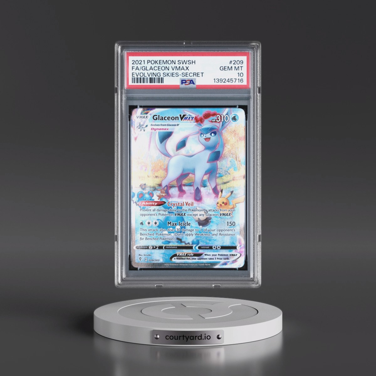 2021 Pokémon Sword & Shield Evolving Skies Glaceon Vmax - Full Art Secret #209 PSA 10