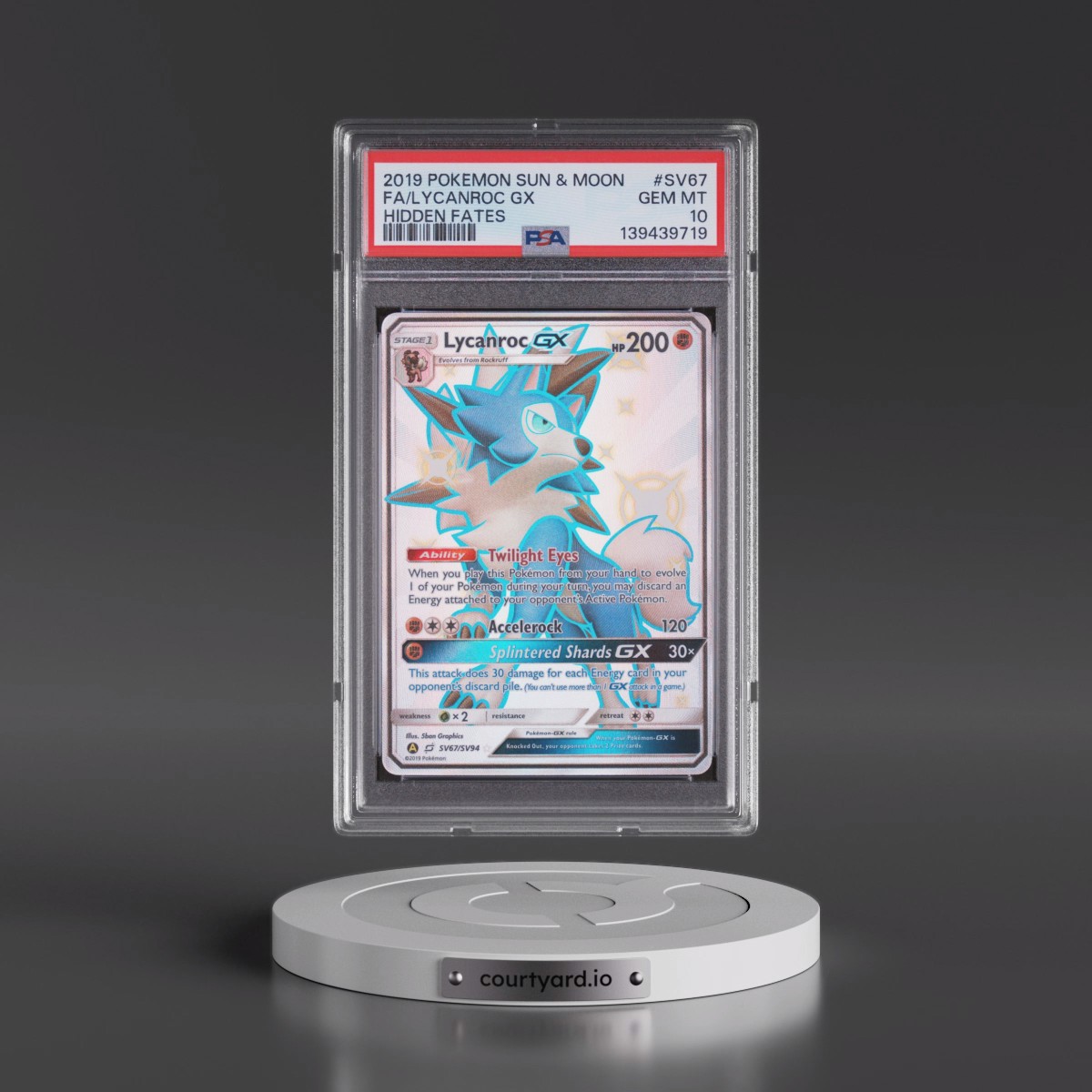 2019 Pokémon Sun & Moon Hidden Fates #SV67 Lycanroc GX - Holo Full Art (PSA 10 GEM MINT)
