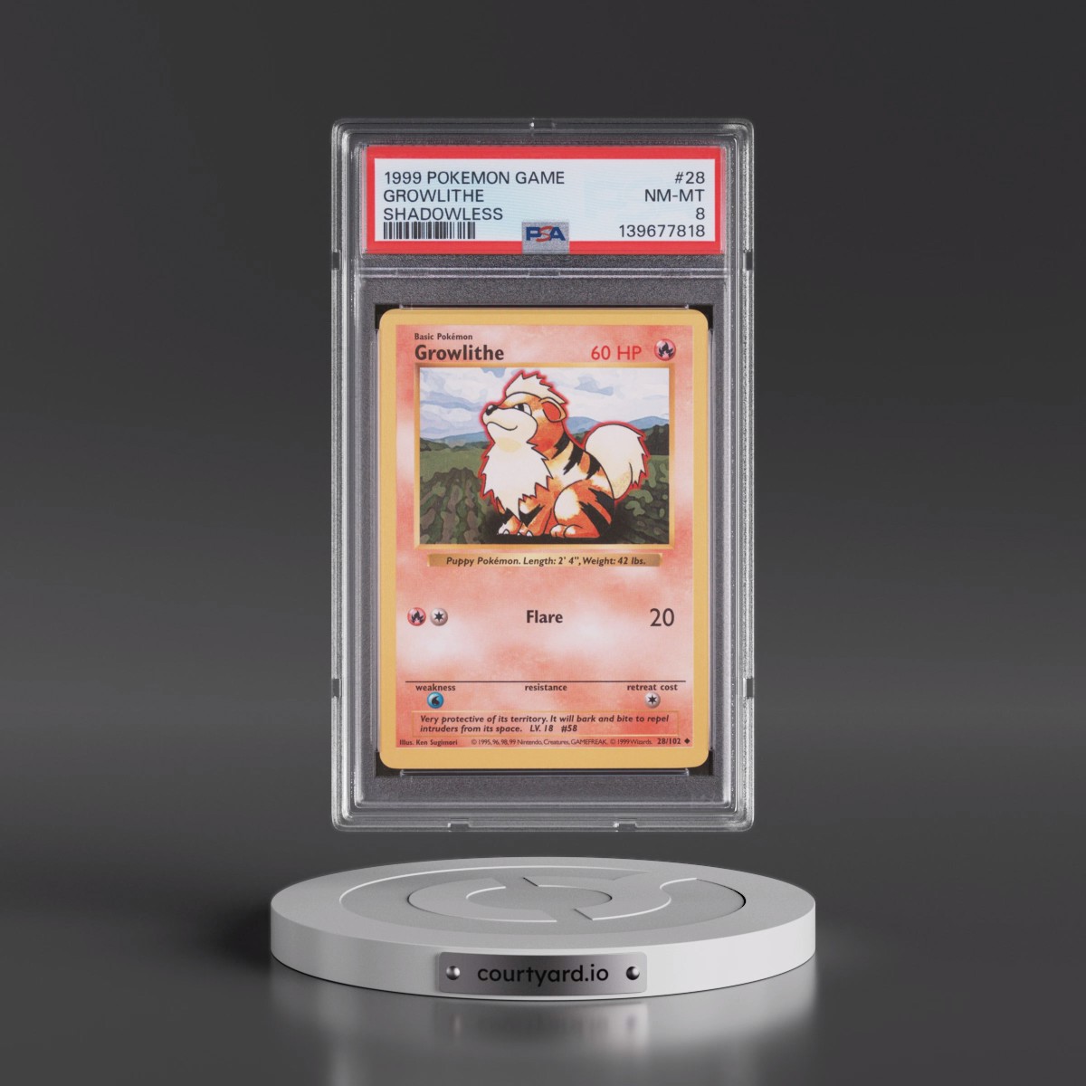 1999 Pokémon Game #28 Growlithe - Shadowless (PSA 8 NM-MT)