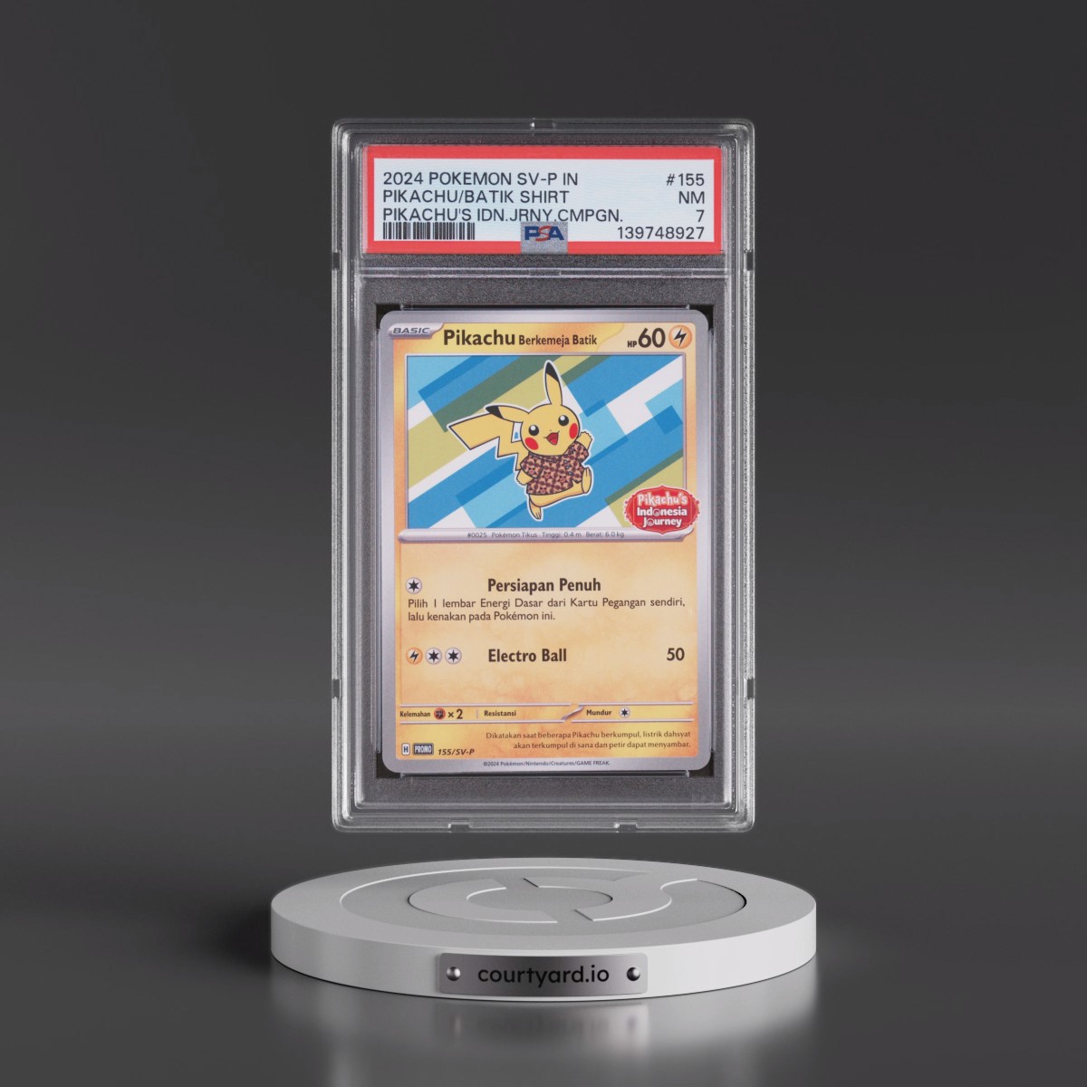 2024 Pokémon SV-P Promo #155 Pikachu in Batik Shirt - Pikachu's Indonesia Journey Campaign (PSA 7 NM)