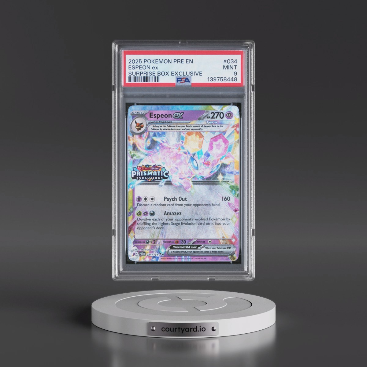 2025 Pokémon Pre EN-Prismatic Evolutions #034 Espeon EX - Holo Surprise Box Exclusive (PSA 9 MINT)