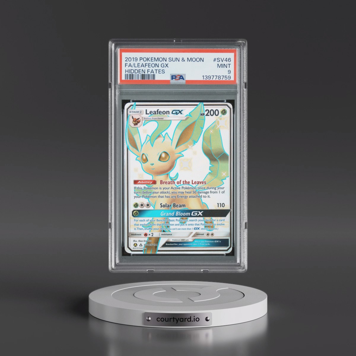 2019 Pokémon Sun & Moon Hidden Fates #SV46 Leafeon GX - Holo Full Art (PSA 9 MINT)