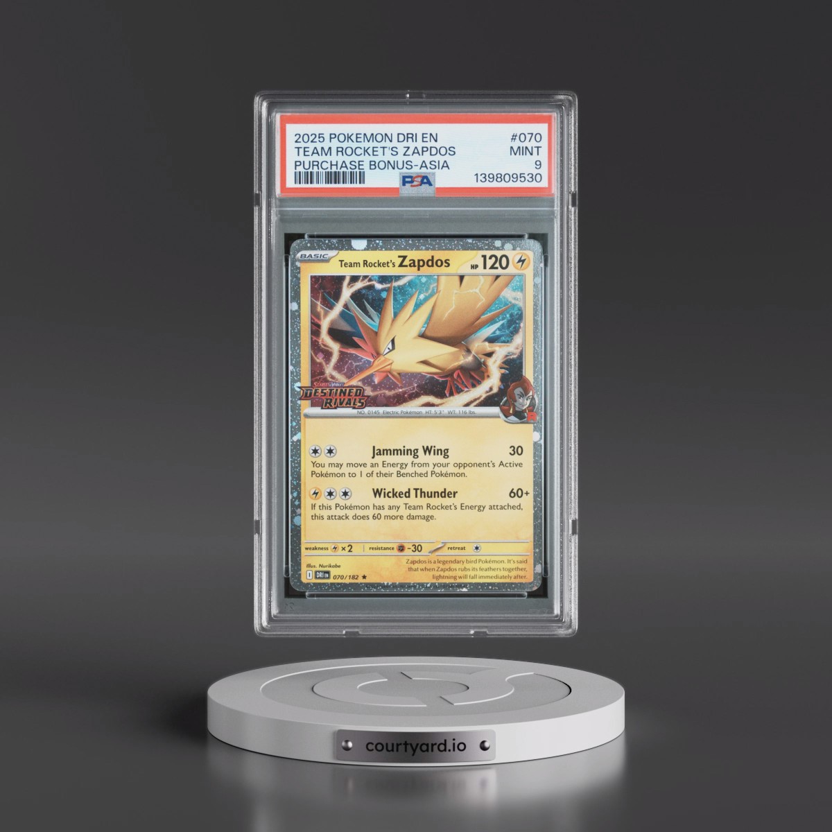 2025 Pokémon Dri EN-Destined Rivals #070 Team Rocket's Zapdos - Purchase Bonus-Asia (PSA 9 MINT)