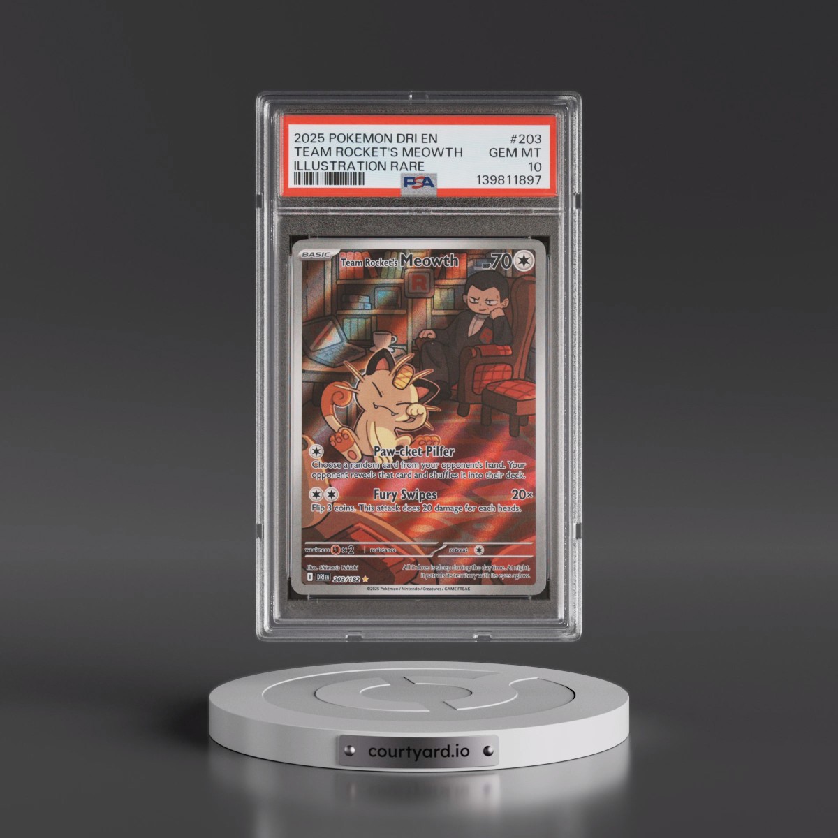 2025 Pokémon Dri EN-Destined Rivals #203 Team Rocket's Meowth - Illustration Rare (PSA 10 GEM MINT)